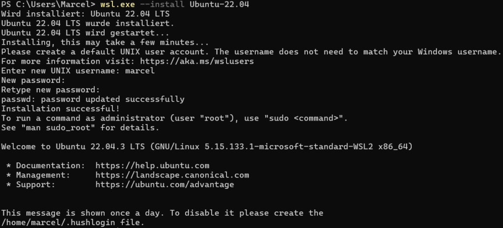 Ausgabe der Windows Powershell nach erfolgreicher Installation des Ubuntu Betriebssystems unter WSL v2.